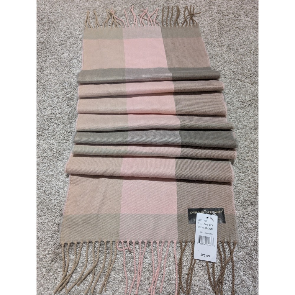D&Y Scarf Women Brown Pink Plaid Softer Than Cashmere Acrylic Fringe Wrap New